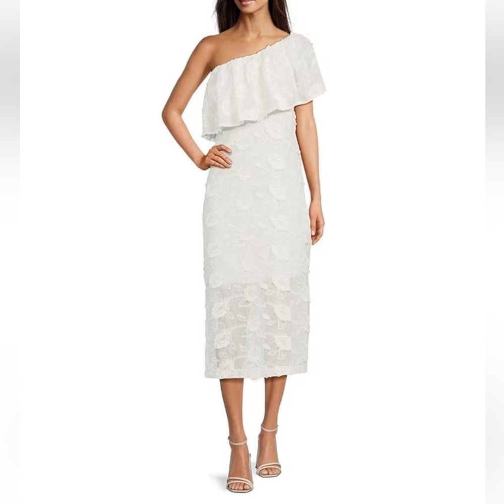 Abbey Glass Sutton Lace 3D Floral Ruffle One Shoulder Midi Dress White NWT $185